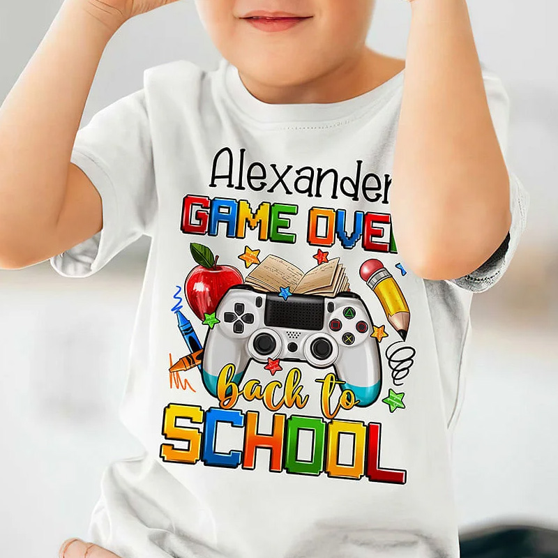 Personalized Multi-color Game Over Back To School 100 Cotton Kid T-shirt with Name School Season Gift for Girls Boys Geek Lover