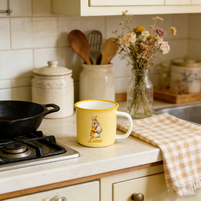 Personalized Cute Easter Egg Rabbit Bunny Enamel Mug with Name Back to School Birthday Easter Gift for Kids