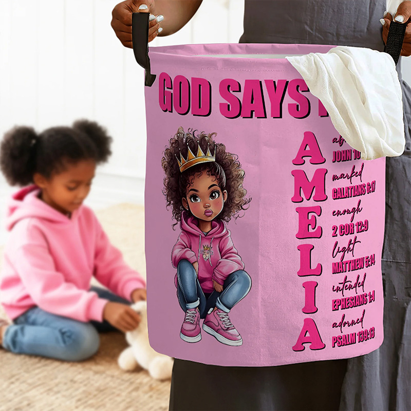 Personalized Cartoon Black Girl Bible Verse Name Storage Basket with Name Laundry Decor Daily Use Religious Gift for Girl