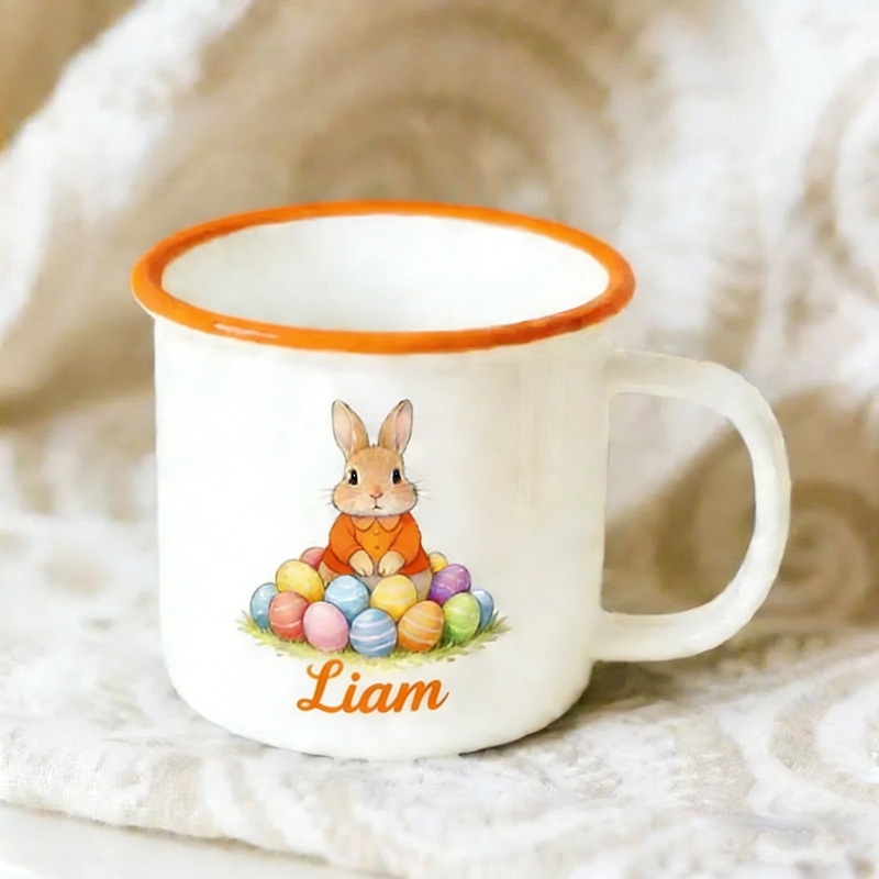 Personalized Cute Easter Egg and Rabbit Bunny Enamel Mug with Name Back to School Birthday Easter Gift for Kids