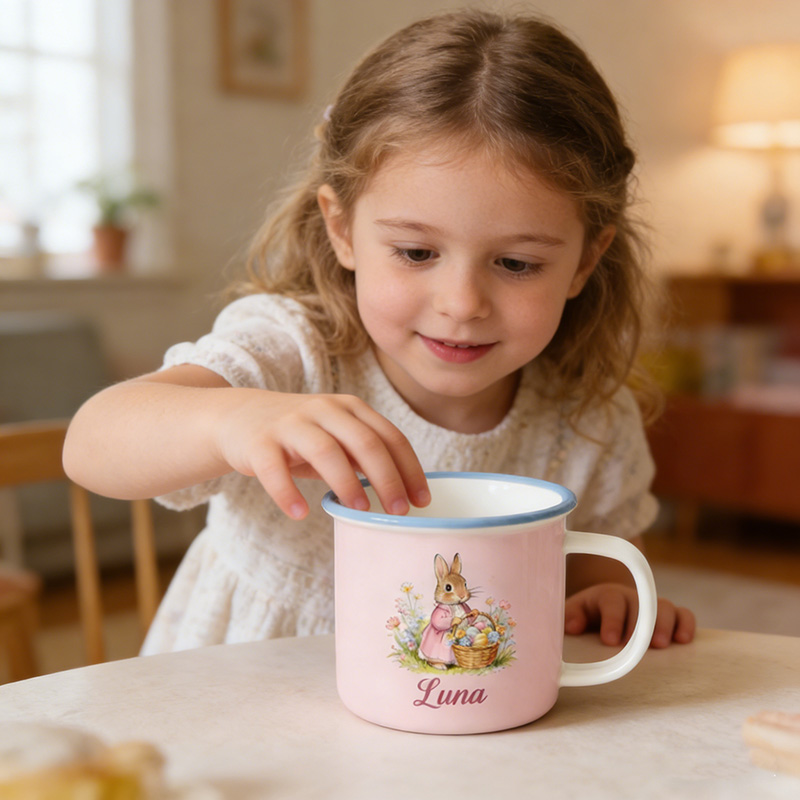 Personalized Cute Garden Easter Rabbit Bunny Enamel Mug with Name Back to School Birthday Easter Gift for Kids