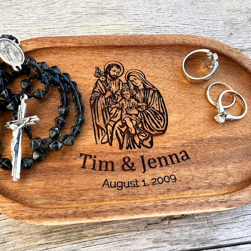 Personalized Holy Family Wooden Rosary Tray Jewelry Holder with Custom Name and Date Religious Gift Anniversary Wedding Gift Catholic Gift