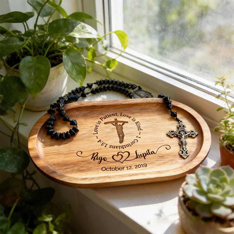 Personalized Love is Patient Wooden Rosary Tray Jewelry Holder with Custom Name and Date Religious Gift Anniversary Wedding Gift Catholic Gift