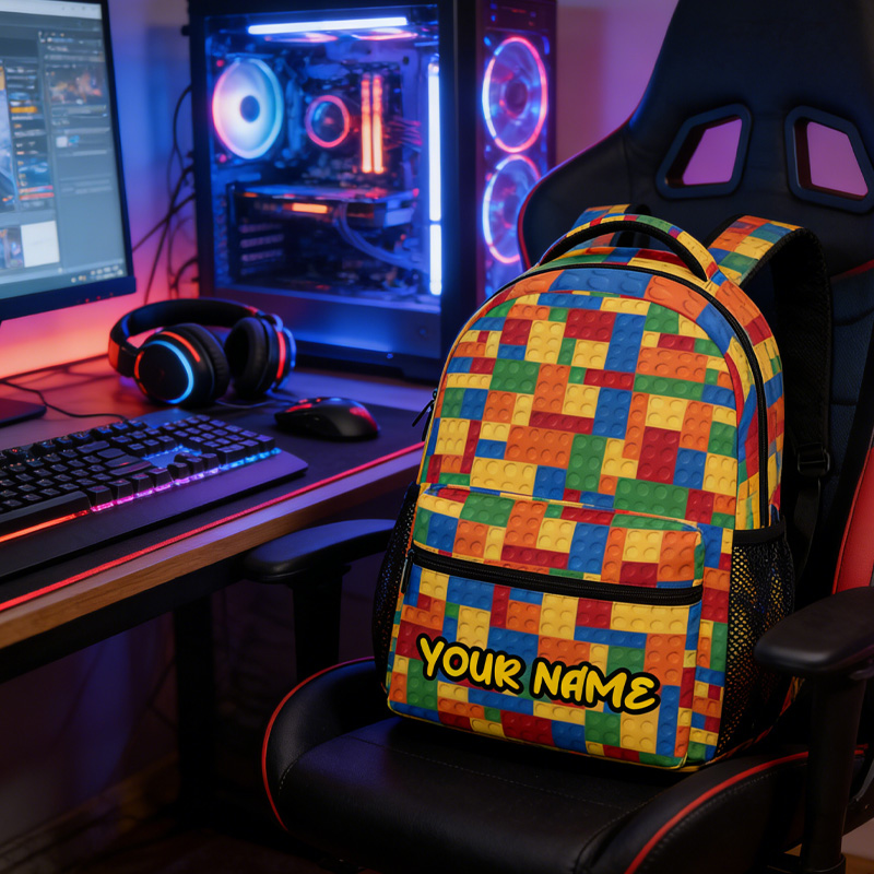 Personalized Building Blocks Backpack with Custom Name Kids School Bag for Geek Lover