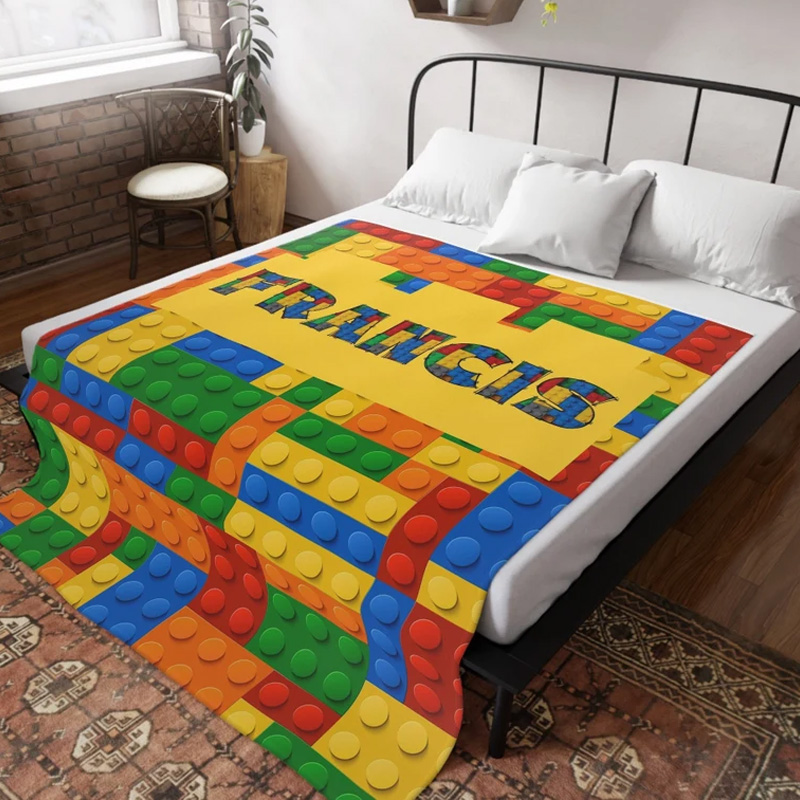 Personalized Building Block Throw Blanket with Name Home Decor Birthday Gift for Geek Lover