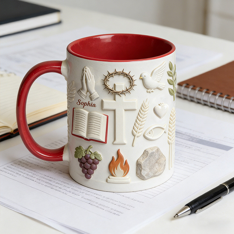Personalized Faith over Fear 11oz Ceramic Mug with Name Cross Bible Prayer Hand 3D Coffee Cup Religious Gift for Christians