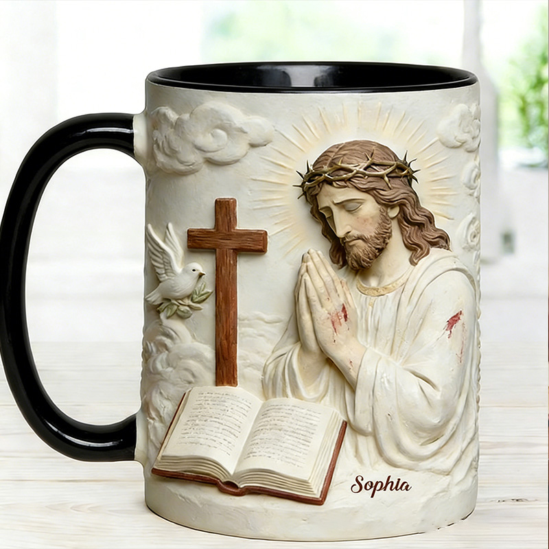 Personalized Jesus Pray 11oz Ceramic Mug with Custom Name 3D Design Coffee Cup Religious Gift Faith Gift for Christians