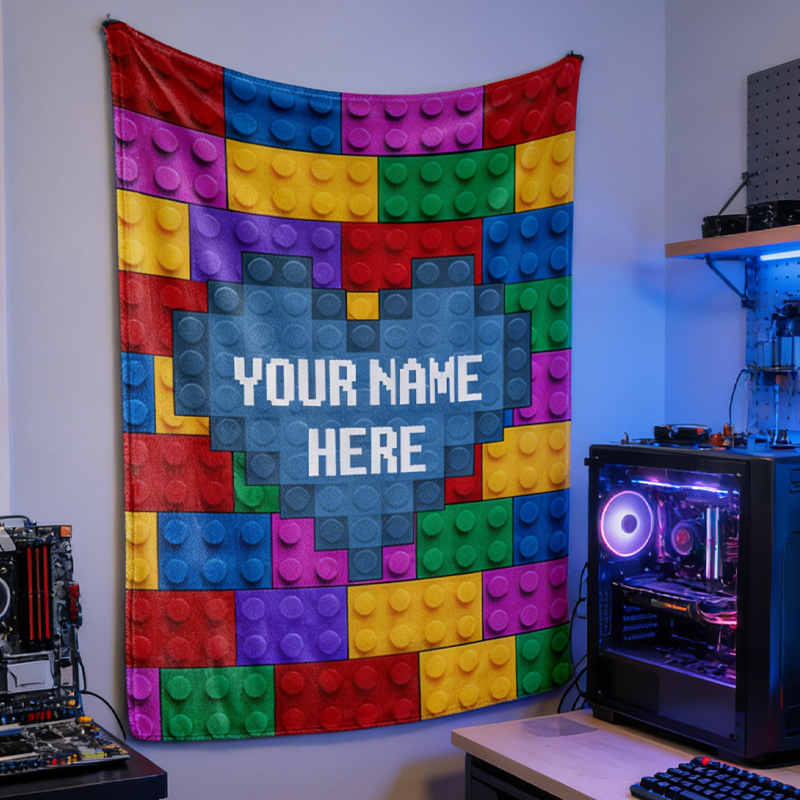 Personalized Creative Colorful Building Block Throw Blanket with Name Home Decor Birthday Gift for Geek Lover