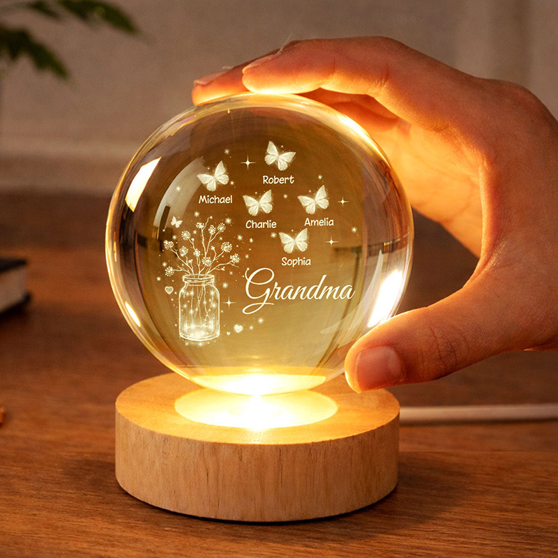Personalized Grandma Butterfly Flower Jar Crystal Ball LED Night Light Birthday Mother's Day Gift for Grandma