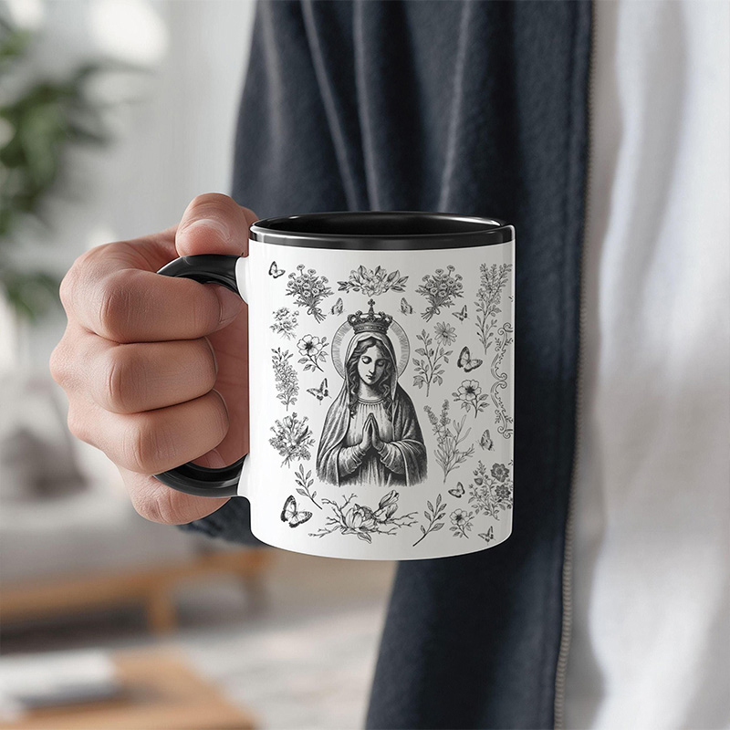 Personalized Virgin Mary Toile 11oz Ceramic Mug with Name Our Lady Mug Vintage Floral Marian Coffee Cup Catholic Christian Gift for her