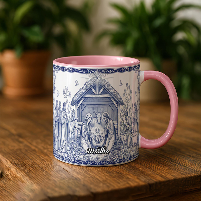 Personalized Nativity Scene 11oz Ceramic Mug with Custom Name Catholic Faith Coffee Cup Religious Gift Christian Gift 