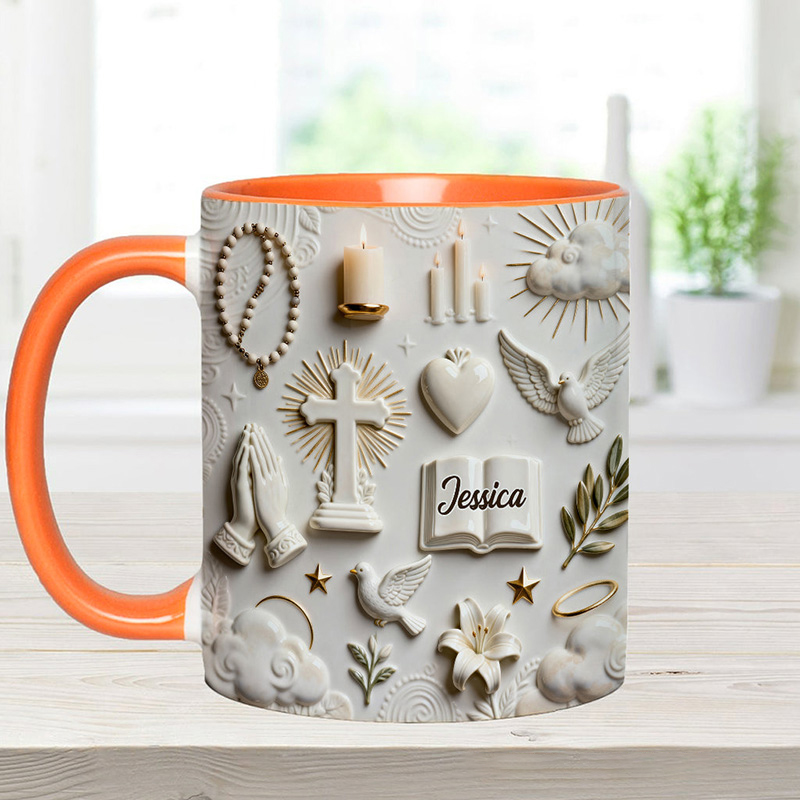 Personalized Cross Bible Dove 11oz Ceramic Mug with Name Prayer Hand 3D Coffee Cup Religious Gift Faith Gift for Christians