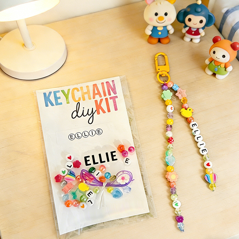 Personalized Name Keychain Kit gift for kids DIY Hearts and Flowers Beaded Party Activity Custom Friendship beaded Retro Keychain Class Activity Kit 