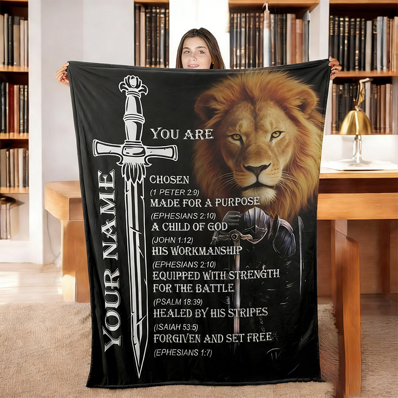 Personalized Lion of Judah You are Bible Verse Throw Blanket with Custom Name Cross Lion Home Decor Religious Gift Christian Gift for Men 