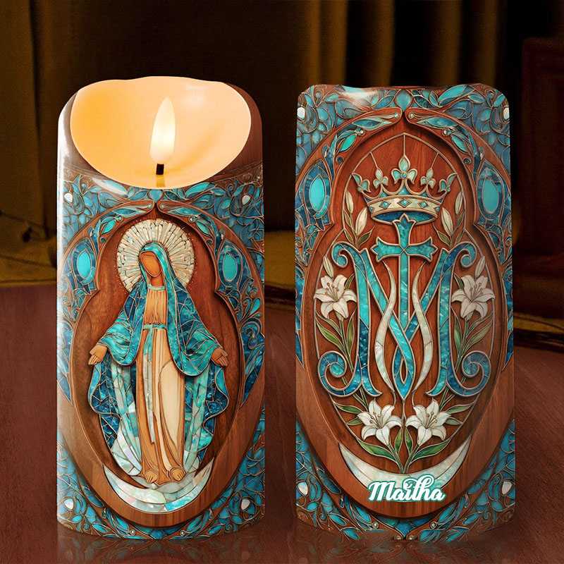 Personalized Sanctuary Marian Blue Virgin Mary Flameless LED Candle with Name Catholic Gift Religious Decor Prayer Faith Gift