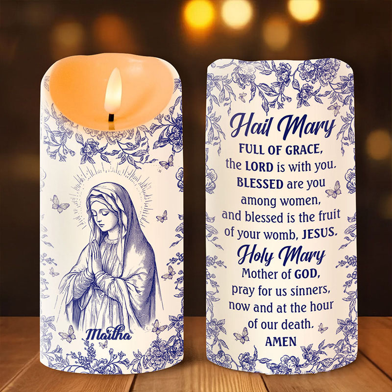 Personalized Hail Mary Prayer Virgin Mary Flameless LED Candle with Name Religious Decor Prayer Faith Gift Catholic Gift for her