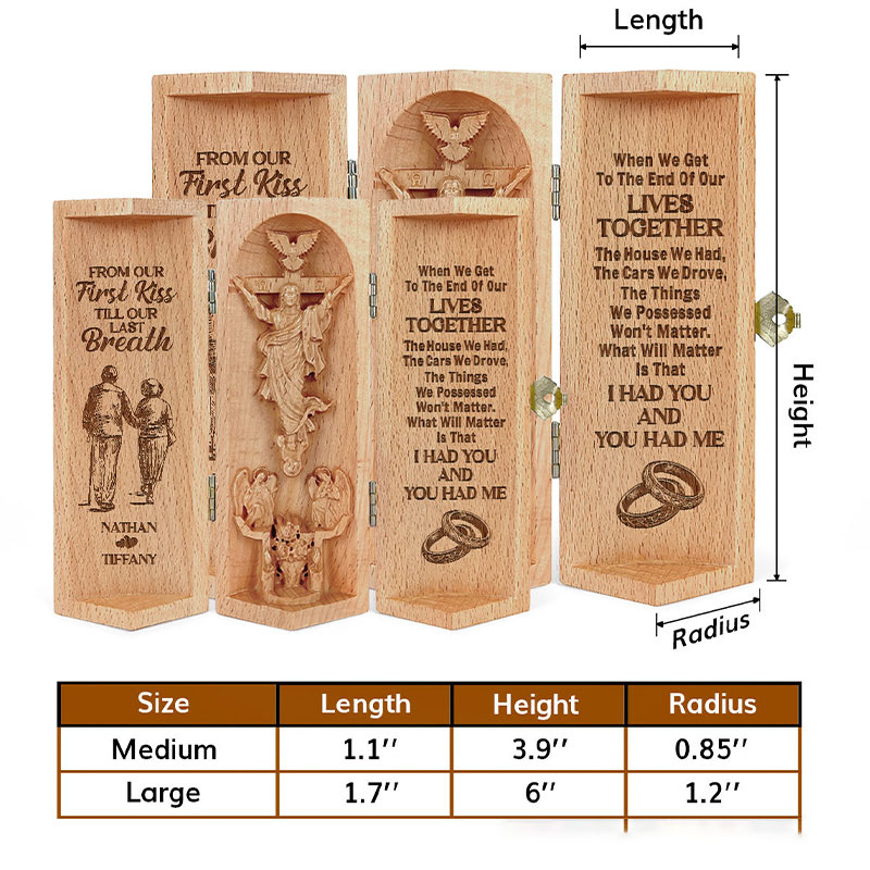 Personalized From Our First Kiss Till Our Last Breath Openable Wooden Cylinder Sculpture of Jesus Christ with Names Religious Gift for Couple