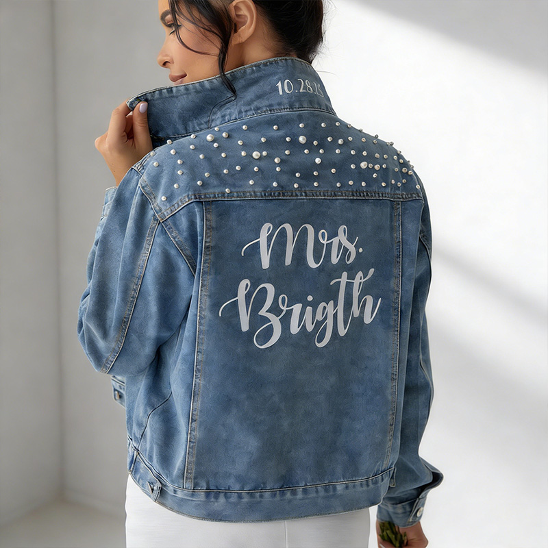 Personalized Denim Jacket Wedding Denim Jacket with Pearls Custom Mrs Bride Jean Jacket Bridal Gift Wedding Gift Mrs Jacket Pear Gift