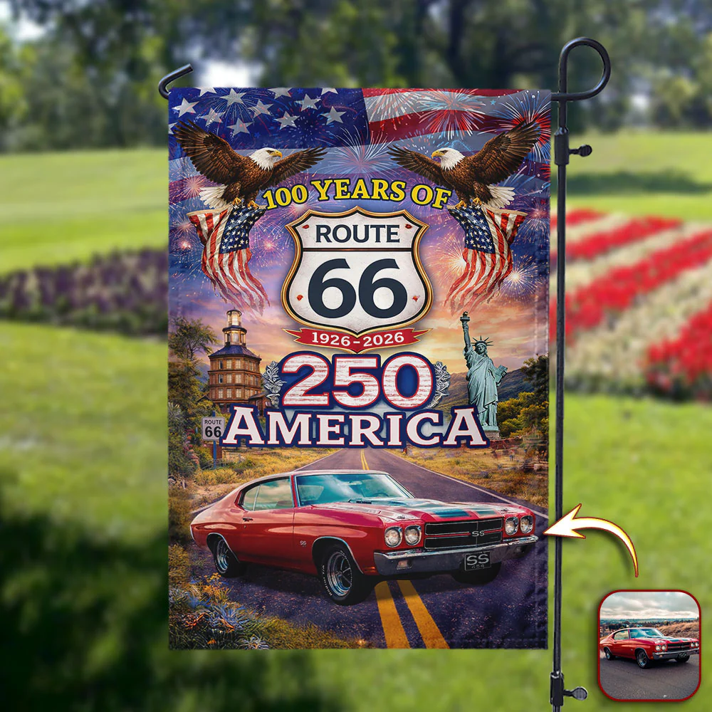 Personalized 100 Years Of Route 66 Garden Flag 250 America Classic Car Patriotic Flag Yard Banner For Outdoor Decor