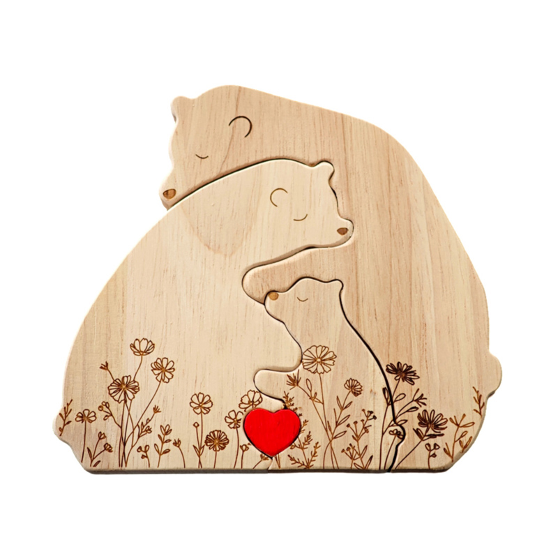 Personalized Wooden Bear Family Puzzle Hugging Bear Family Floral Version Engraved Oak Wood Keepsake with Name Gift for Family