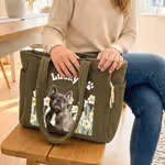 Personalized Birth Flower Pet Photo Large Capacity Corduroy Tote Bag with Name Multi-Compartment Travel Essential Birthday Gift for Women Pet Lovers