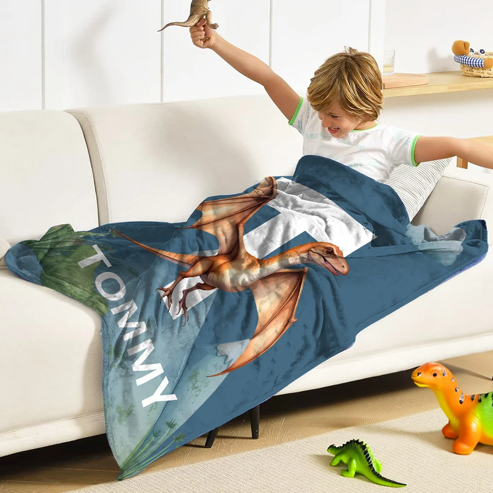 Personalized Cute Dinosaur Soft Throw Blanket with Initial Name Birthday Home Decor Gift for Kids
