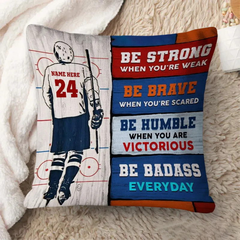 Personalized Ice Hockey Throw Pillow with Custom Name, Number, and Motivational Quotesr