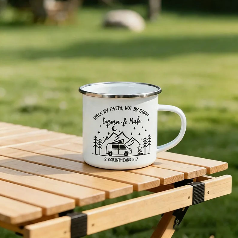 Personalized Walk by Faith Not by Sight Campfire Mountain Forest Design Enamel Mug with Custom Names Religious Gift for Couple Campfire Adventurers