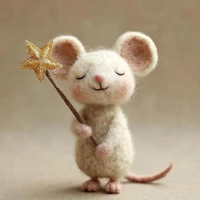Needle Felted Mouse with Star, Handmade Wool Animal Figurine, Whimsical Miniature Gift