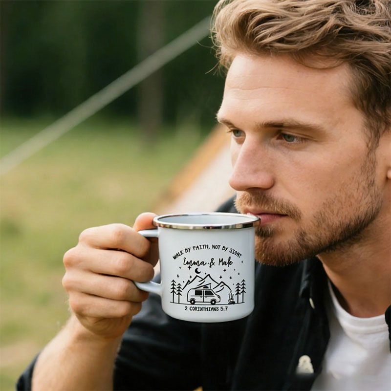 Personalized Walk by Faith Not by Sight Campfire Mountain Forest Design Enamel Mug with Custom Names Religious Gift for Couple Campfire Adventurers