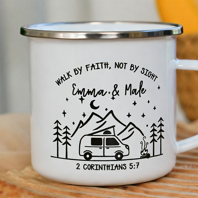 Personalized Walk by Faith Not by Sight Campfire Mountain Forest Design Enamel Mug with Custom Names Religious Gift for Couple Campfire Adventurers