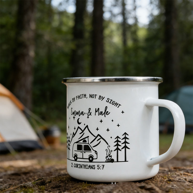 Personalized Walk by Faith Not by Sight Campfire Mountain Forest Design Enamel Mug with Custom Names Religious Gift for Couple Campfire Adventurers