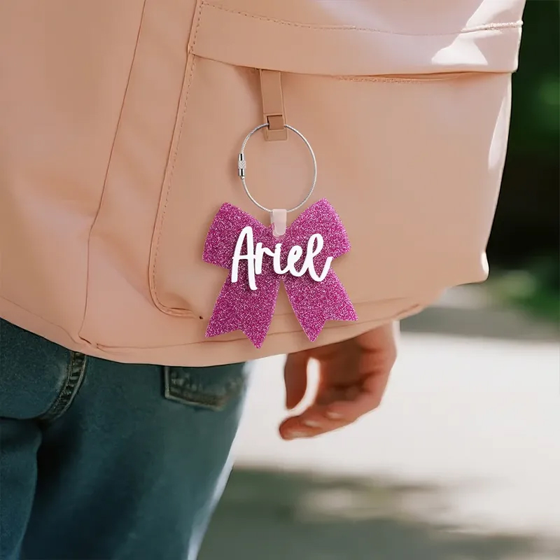 Personalized Cheerleading Glitter Bow Keychains with Custom Name Design