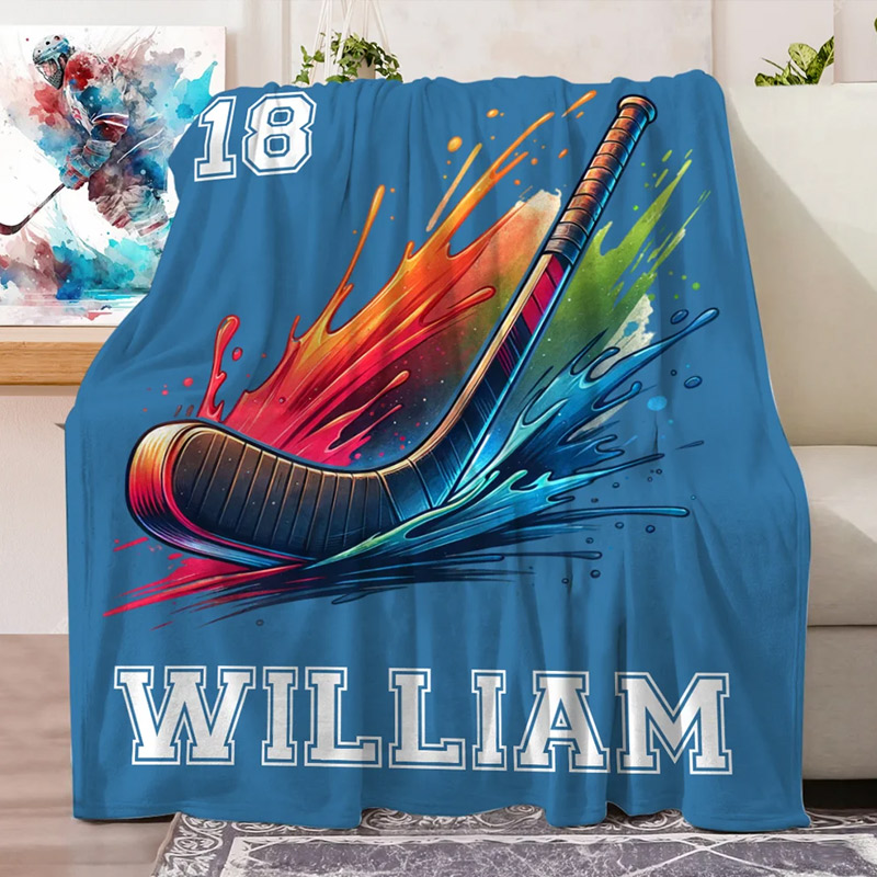Personalized Hockey Blanket with Custom Name, Number, and Hockey Design