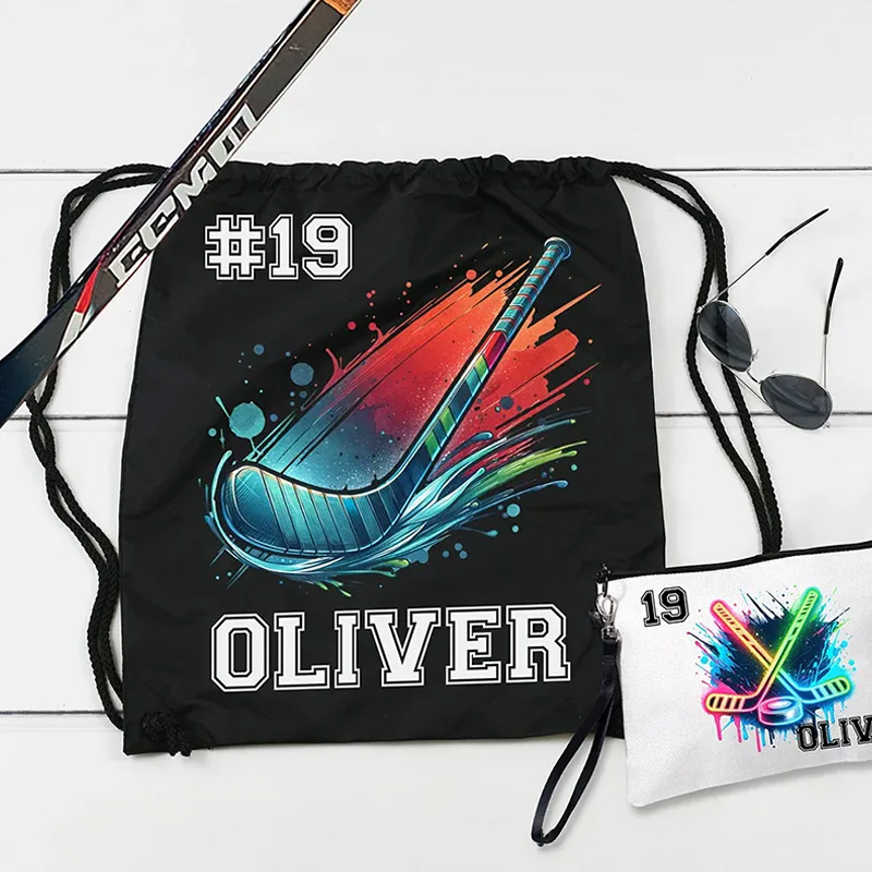 Personalized Ice Hockey Drawstring Bag Custom Name and Number with Neon Stick Design
