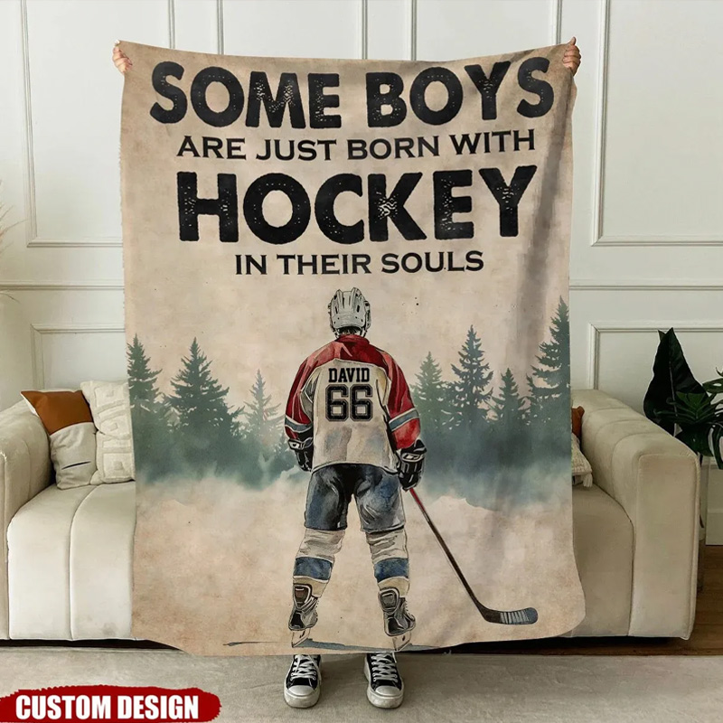 Personalized "Born with Hockey in Their Souls" Throw Blanket with Custom Name and Number 