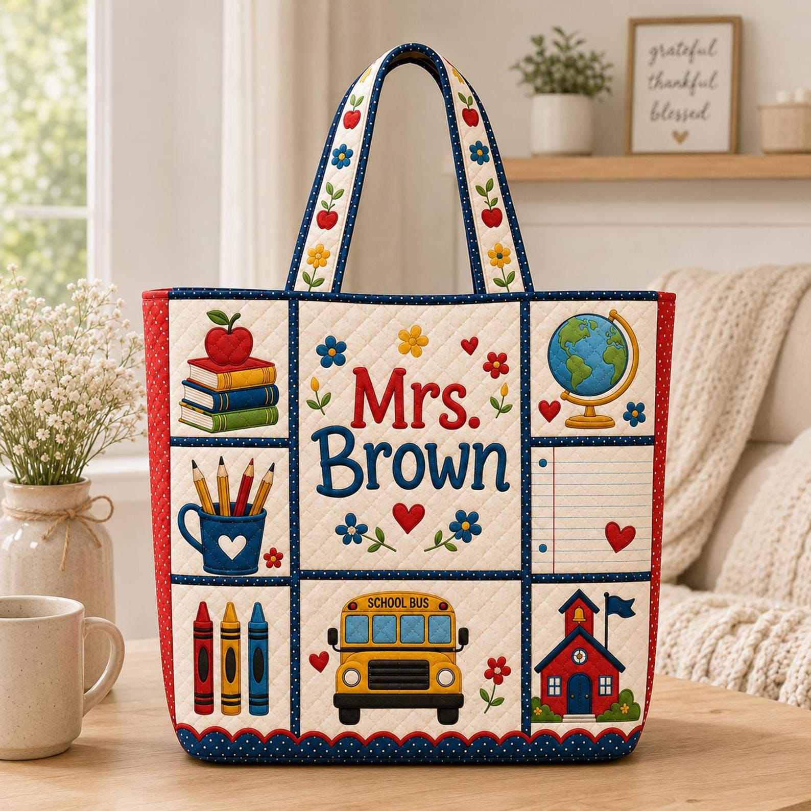 Personalized Teacher Quilted Tote Bag Custom Name School Bus Classroom Bag Teacher Appreciation Gift
