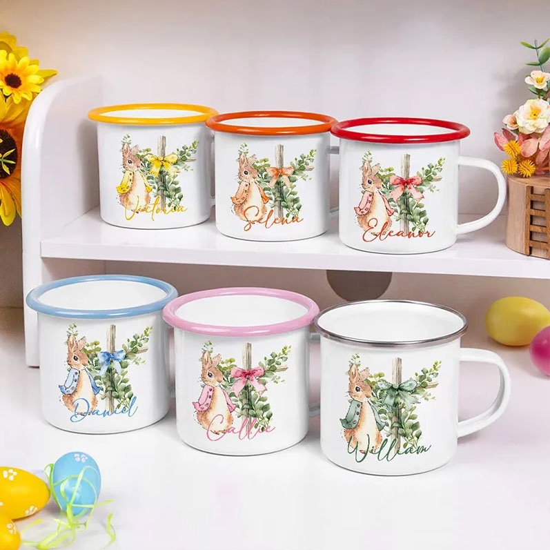 Personalized Cute Peter Rabbit Bow Cross Colored Rim Stainless Steel Enamel Mug with Name Easter Back to School Birthday Gift for Kids