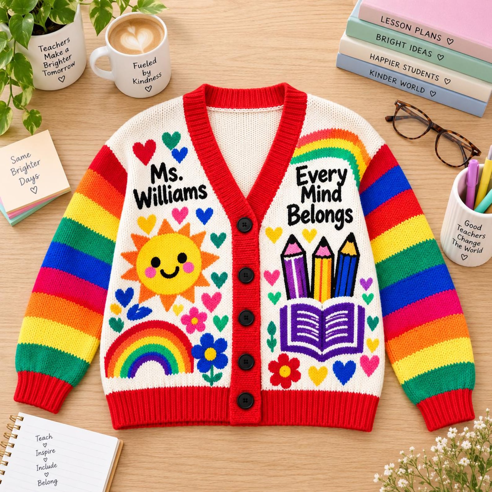 Personalized Teacher Cardigan Custom Name Rainbow Fall Sweater