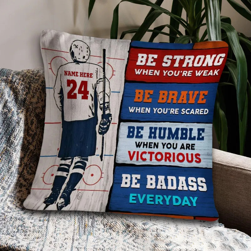 Personalized Ice Hockey Throw Pillow with Custom Name, Number, and Motivational Quotesr