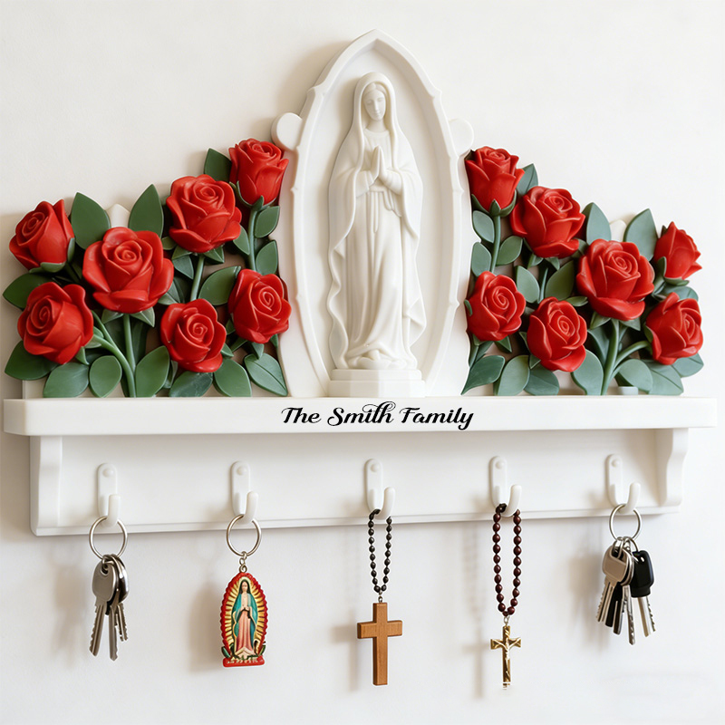 Personalized Our Lady Of Guadalupe Custom Shaped Hanging Rack with Custom Family Name Home Decor Wall Art Key Hanger Religious Gift Catholic Gift 