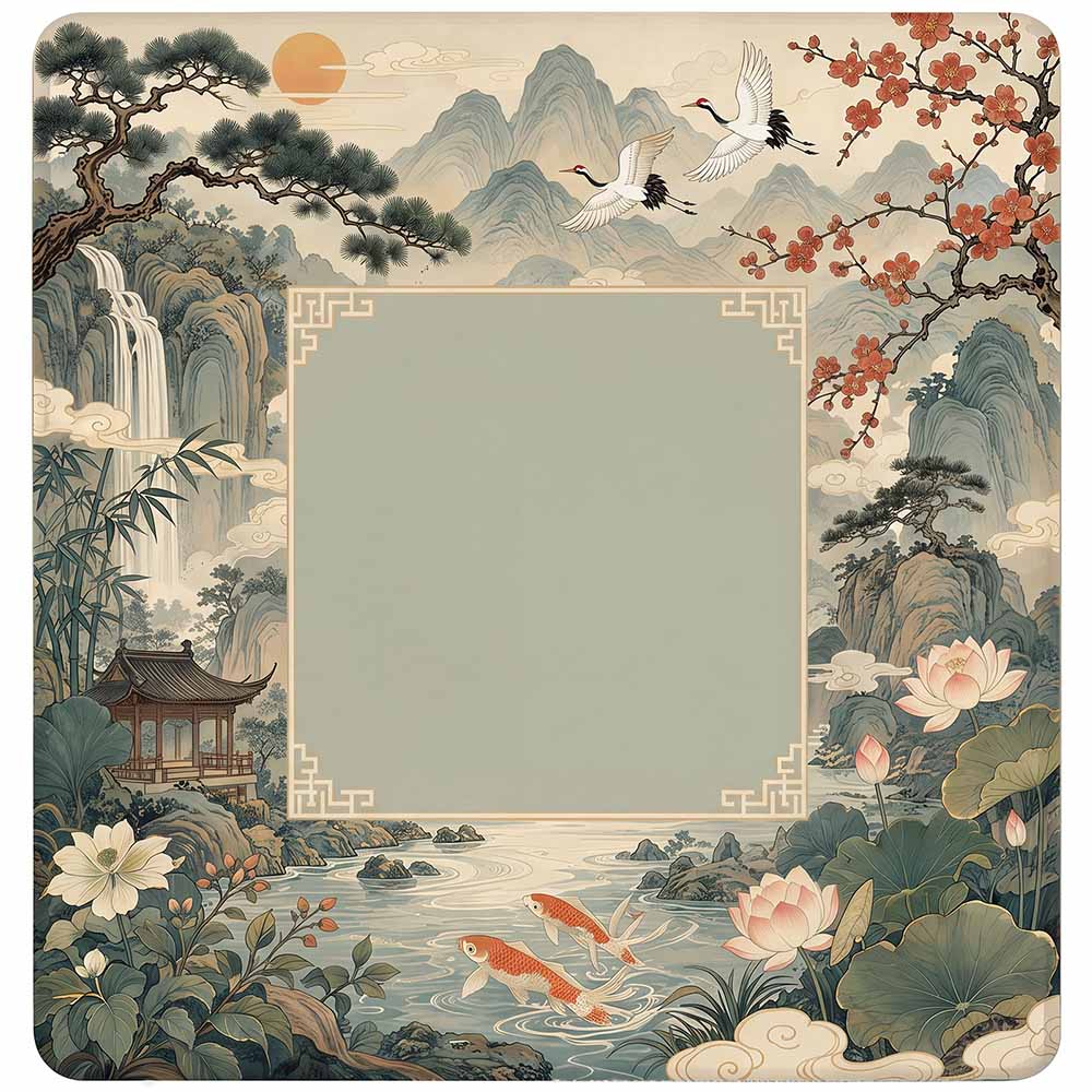 Chinese Landscape Mahjong Mat Shan Shui Crane Koi & Lotus Pavilion Game Mat Classical Chinese Art Non Slip Sages of the Past