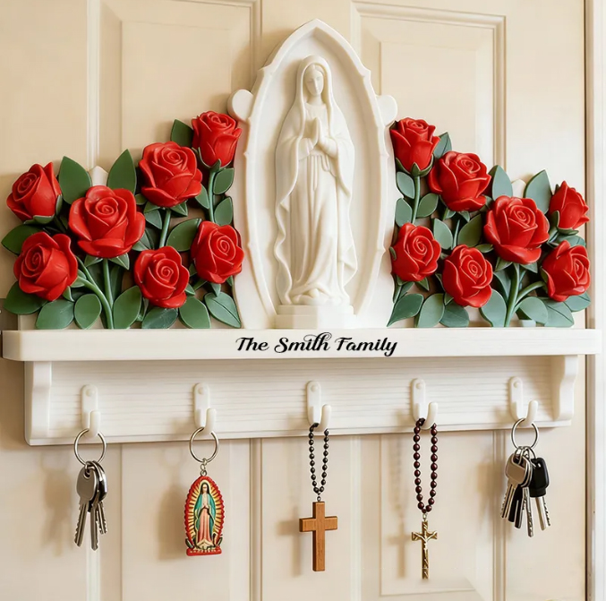 Personalized Our Lady Of Guadalupe Custom Shaped Hanging Rack with Custom Family Name Home Decor Wall Art Key Hanger Religious Gift Catholic Gift 