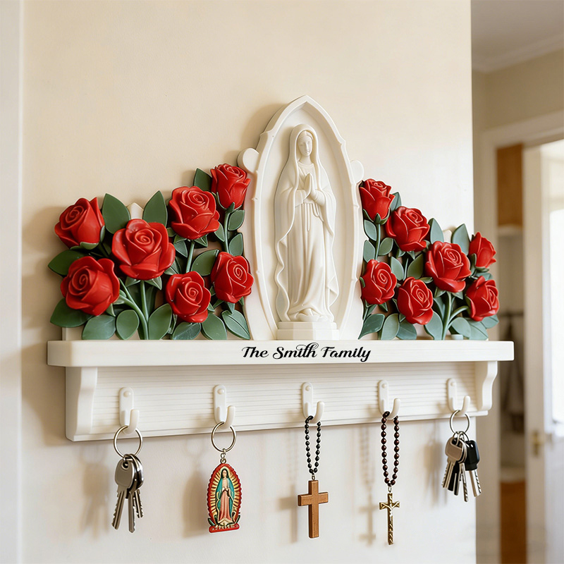 Personalized Our Lady Of Guadalupe Custom Shaped Hanging Rack with Custom Family Name Home Decor Wall Art Key Hanger Religious Gift Catholic Gift 