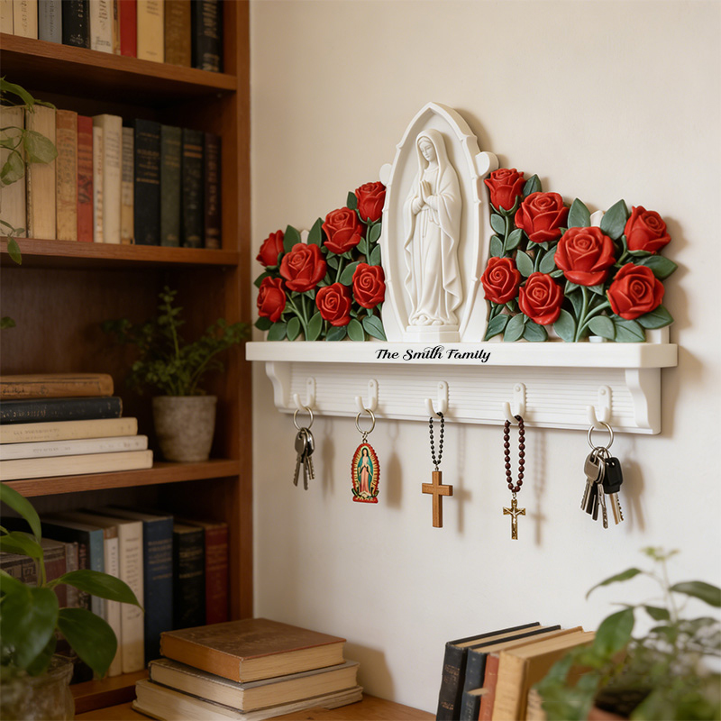 Personalized Our Lady Of Guadalupe Custom Shaped Hanging Rack with Custom Family Name Home Decor Wall Art Key Hanger Religious Gift Catholic Gift 
