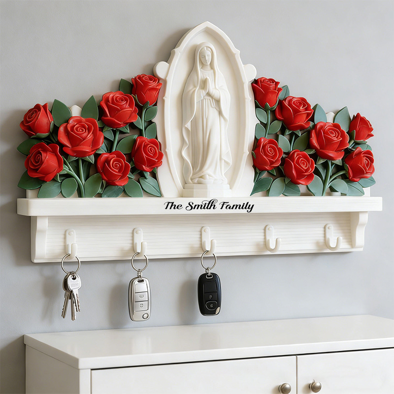 Personalized Our Lady Of Guadalupe Custom Shaped Hanging Rack with Custom Family Name Home Decor Wall Art Key Hanger Religious Gift Catholic Gift 