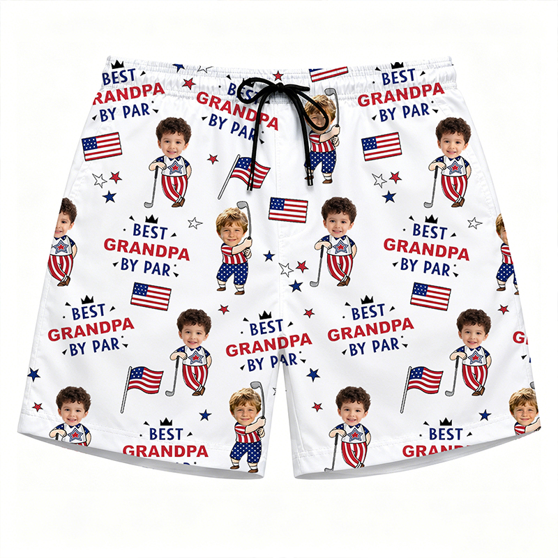 Personalized Golf Shorts Custom Photo Best Dad By Par Funny Kid 250th Anniversary US Flag