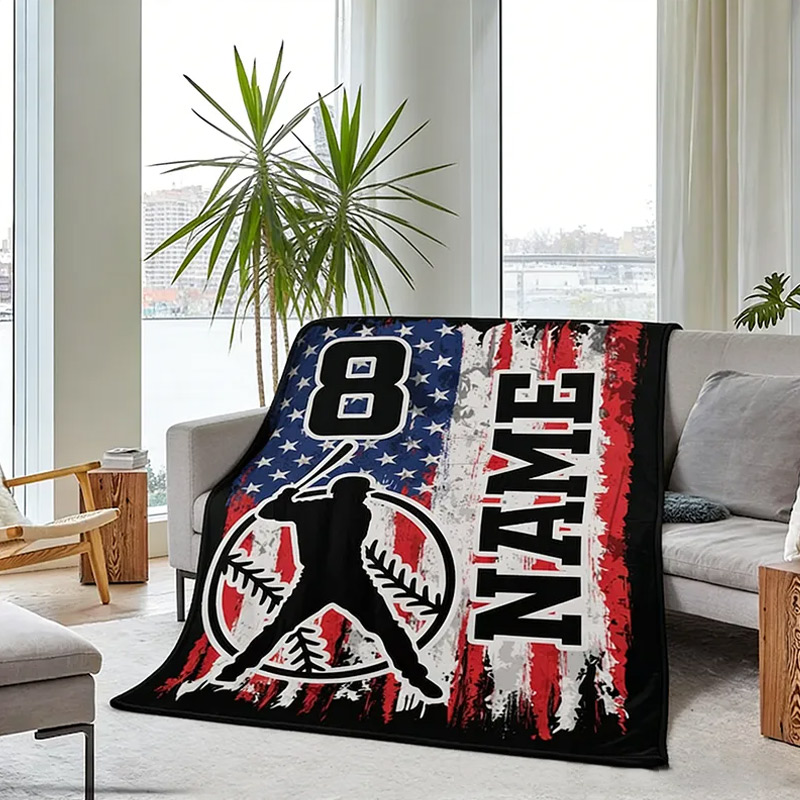Personalized Baseball Blanket with Custom Name Number and Patriotic Design