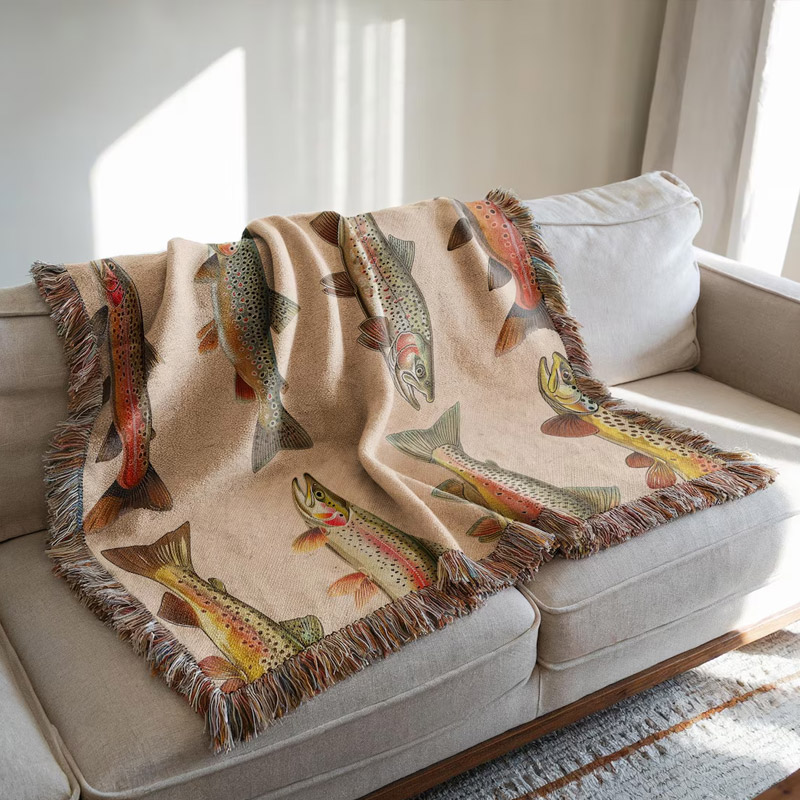 Fishing Lake House Woven Blanket Great Lakes Trout Fishing Gift for Fishermen Dad or Husband