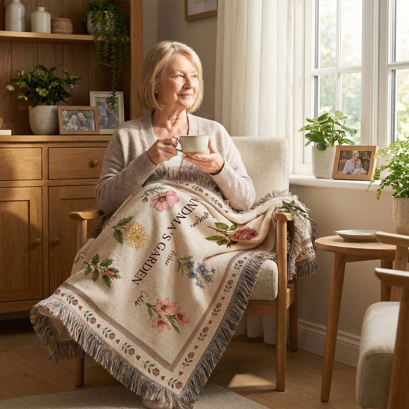 Personalized Retro Birth Flower Grandma's Garden Tassel Soft Throw Blanket with Names and Title Mother's Day Birthday Gift for Grandma Family